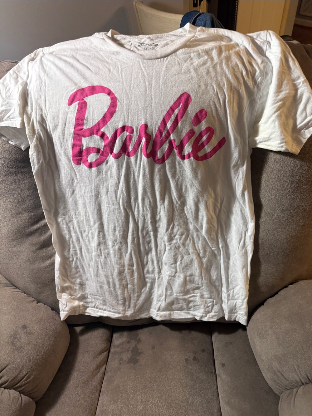 Barbie White Tee with Hot Pink Script Logo